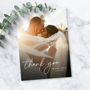 Modern Elegant Simple Calligraphy Photo Wedding Thank You Card