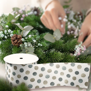 Modern Elegant Simple Chic White Silver Polka Dots Satin Ribbon