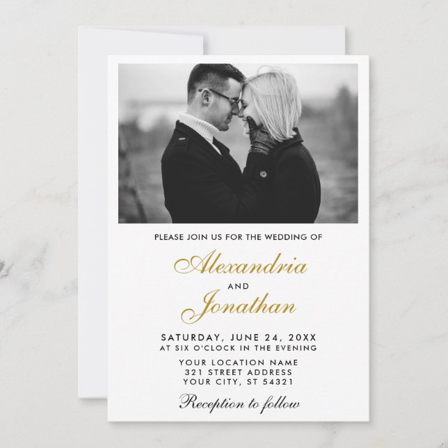 Modern Elegant Simple Couple Photo Wedding Gold Invitation (Front)