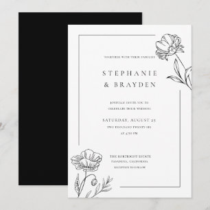 Modern Elegant Simple Floral Black White Wedding Invitation