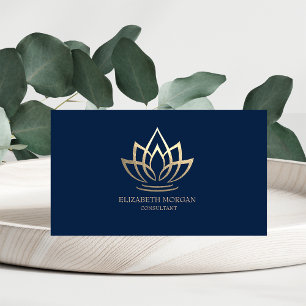 Modern Elegant Simple Gold Lotus Navy Blue Business Card
