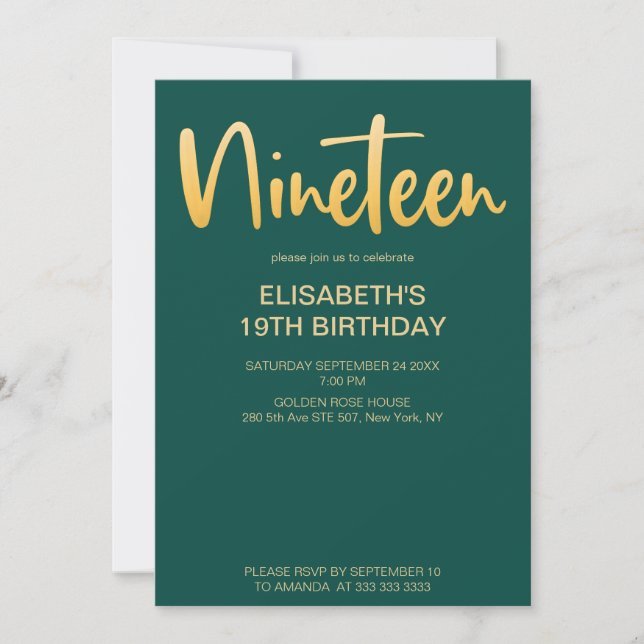 Modern Elegant Simple Green 19 Birthday Party Invitation (Front)