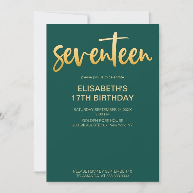 Modern Elegant Simple Green/Gold 17 Birthday Party Invitation (Front)