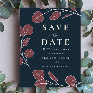 Modern Elegant Simple Leaf Navy Blue Wedding Announcement Postcard