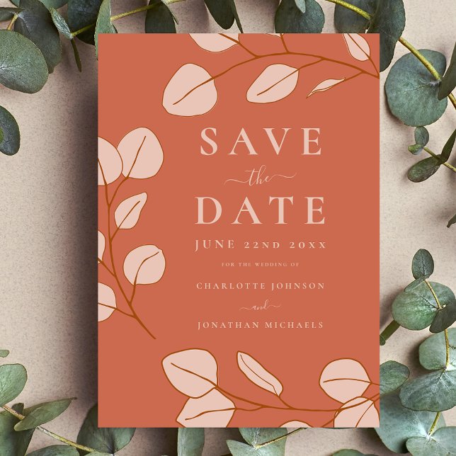 Modern Elegant Simple Leaf Orange Wedding Announcement Postcard (Minimalist eucalyptus leaves modern stylish orange peach wedding save the date invitation )