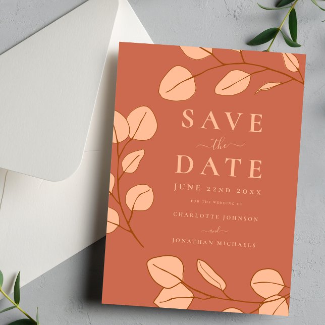Modern Elegant Simple Leaf orange Wedding Save The Date (Modern minimalist leaf peach fuzz chic save the date wedding invitation )