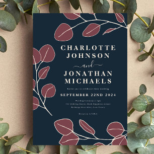 Modern Elegant Simple Leaves Blue Burgundy  Invitation