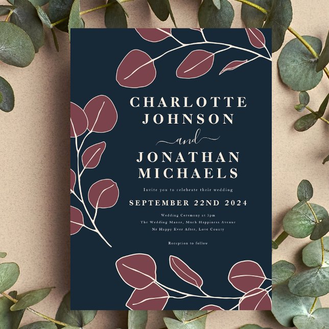 Modern Elegant Simple Leaves Blue Burgundy  Invitation (Minimalist leaf stylish modern navy blue and burgundy wedding invitation)