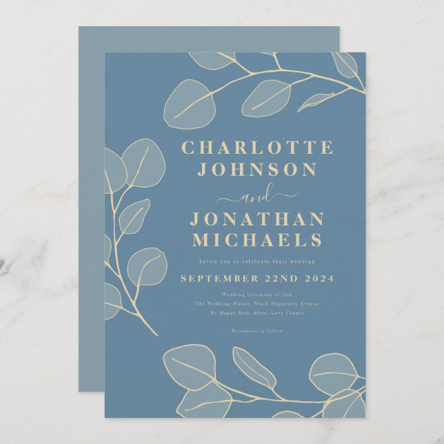 Modern Elegant Simple Leaves Blue Invitation (Front/Back)
