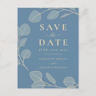 Modern Elegant Simple Leaves Blue Wedding Announcement Postcard