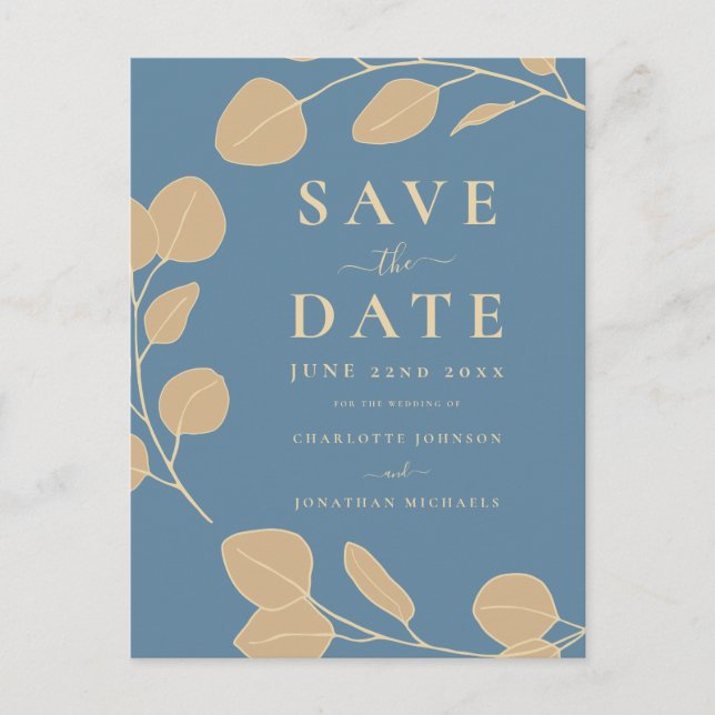 Modern Elegant Simple Leaves Blue Wedding Announcement Postcard (Front)