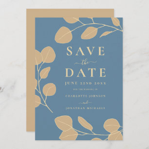 Modern Elegant Simple Leaves Blue Wedding Save The Date