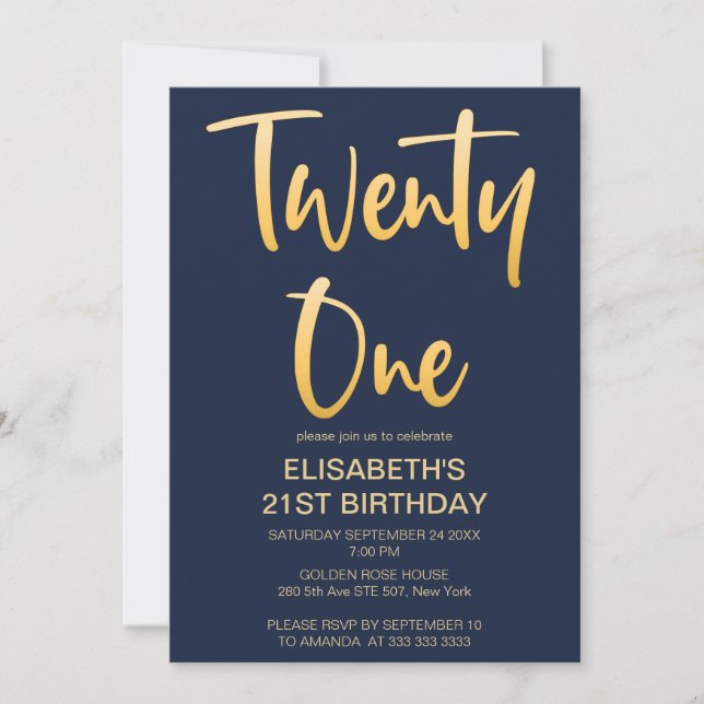 Modern Elegant Simple Navy  21st Birthday Party Invitation (Front)