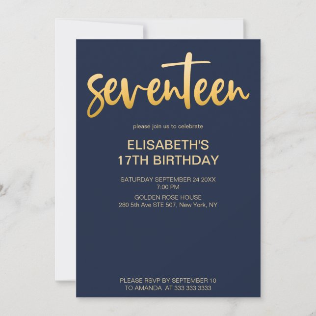Modern Elegant Simple Navy Blue 17 Birthday Party Invitation (Front)