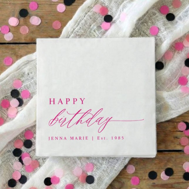 Modern Elegant Simple Pink Happy Birthday Napkin (Pink personalized happy birthday script party napkins - Modern, elegant and simple.)