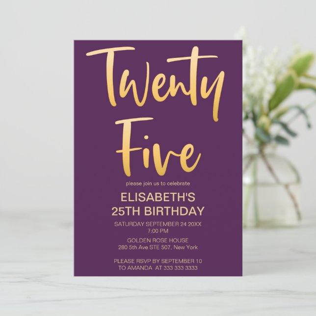 Modern Elegant Simple Purple 25TH Birthday Party Invitation (Standing Front)