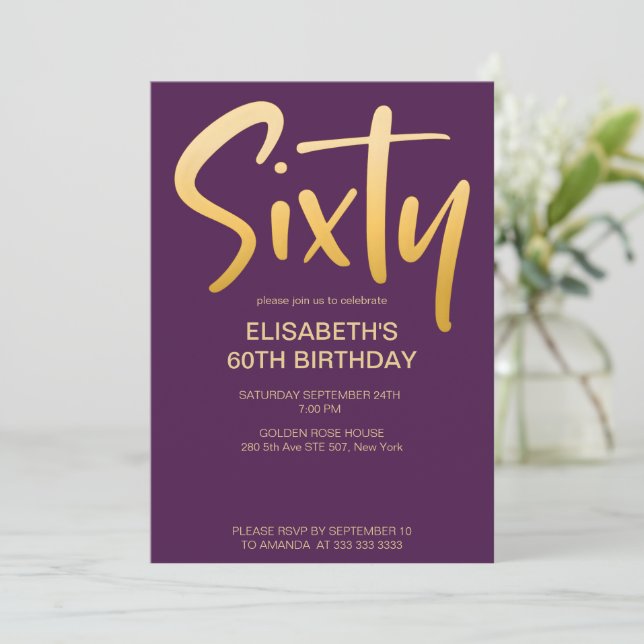 Modern Elegant Simple Purple 60th Birthday Party Invitation (Standing Front)