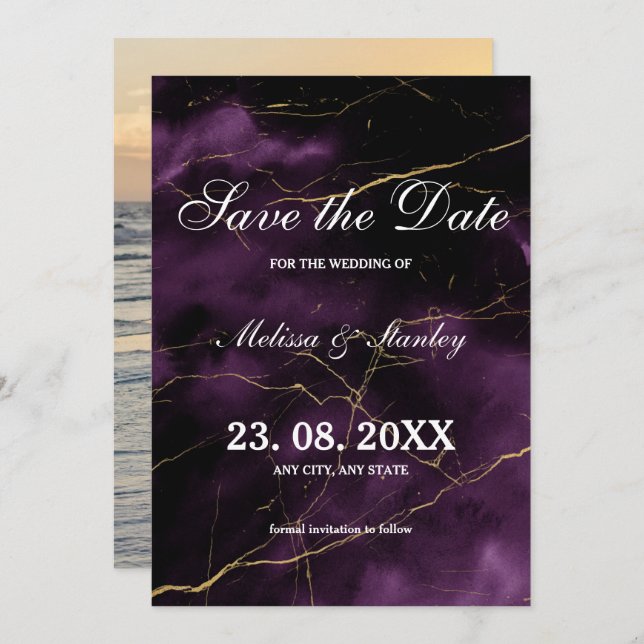 Modern Elegant Simple Purple Gold Wedding Save The Date (Front/Back)