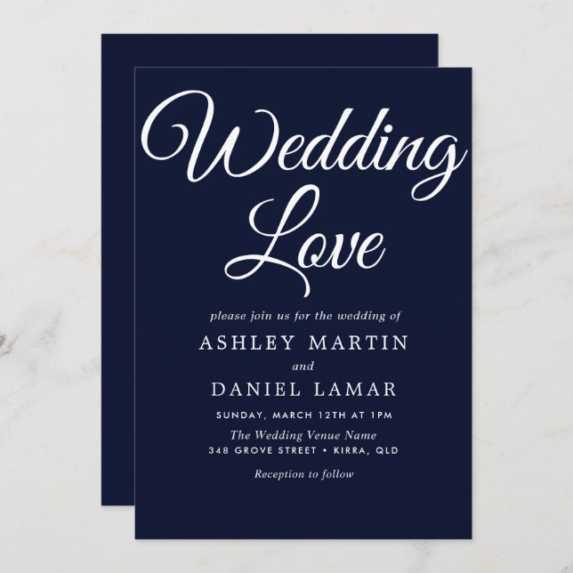 Modern Elegant Simple Script Navy & White Wedding Invitation (Front/Back)