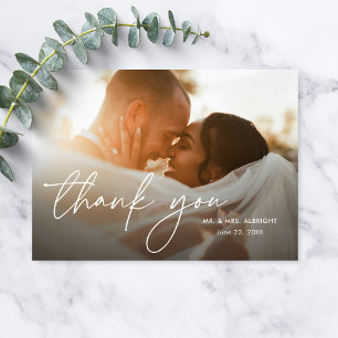 Modern Elegant Simple Script Two Photo Wedding Thank You Card
