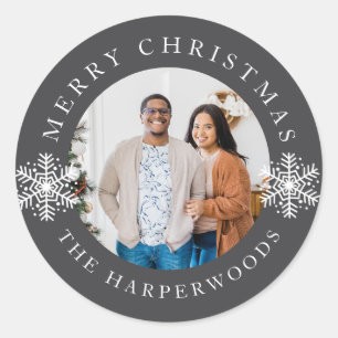 Modern Elegant Snowflakes Christmas Family 1 Photo Classic Round Sticker