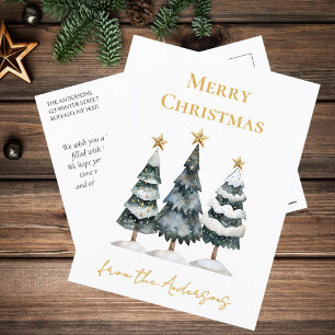 Modern Elegant Snowy Pine Trees Merry Christmas Holiday Postcard