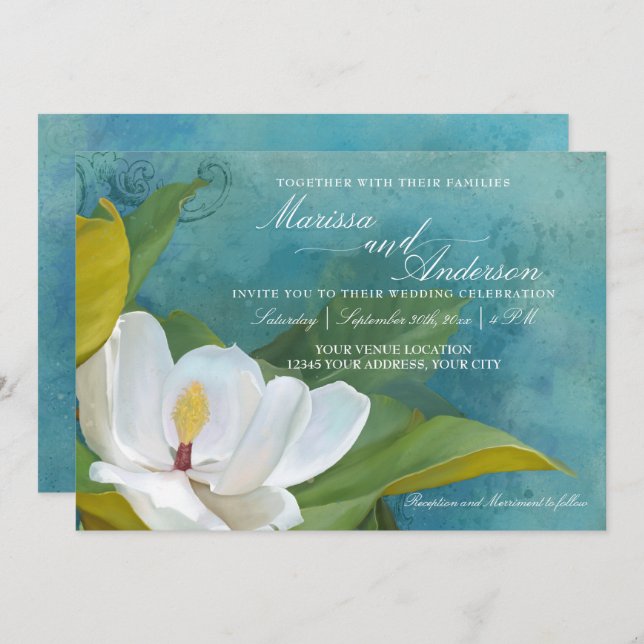 Modern Elegant Southern Magnolia Floral Typography Invitation (Front/Back)