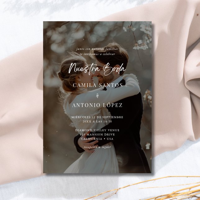 Modern Elegant Spanish Black Overlay Photo Wedding Invitation (Creator Uploaded)