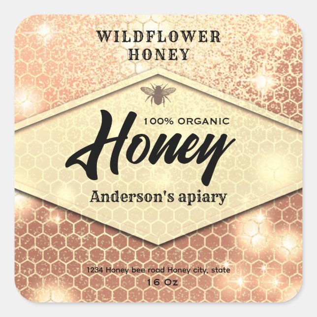 Modern elegant sparkle bee honey   square sticker (Front)