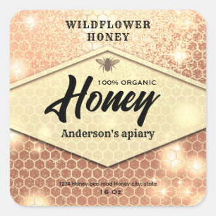 Modern elegant sparkle bee honey square sticker