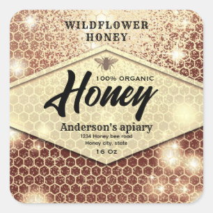 Modern elegant sparkle bee honey square sticker