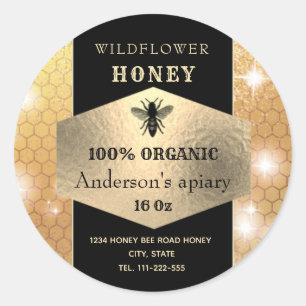 Modern elegant sparkle gold bee honey jar label
