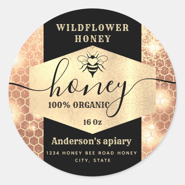 Modern elegant sparkle gold bee  script honey  cla classic round sticker (Front)