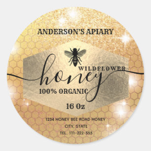 Modern elegant sparkle gold logo bee honey jar classic round sticker