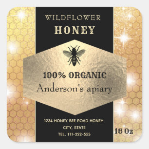 Modern elegant sparkle gold logo bee honey jar square sticker