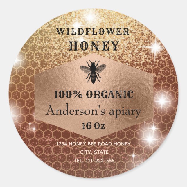 Modern elegant sparkle rose gold  bee logo classic round sticker (Front)