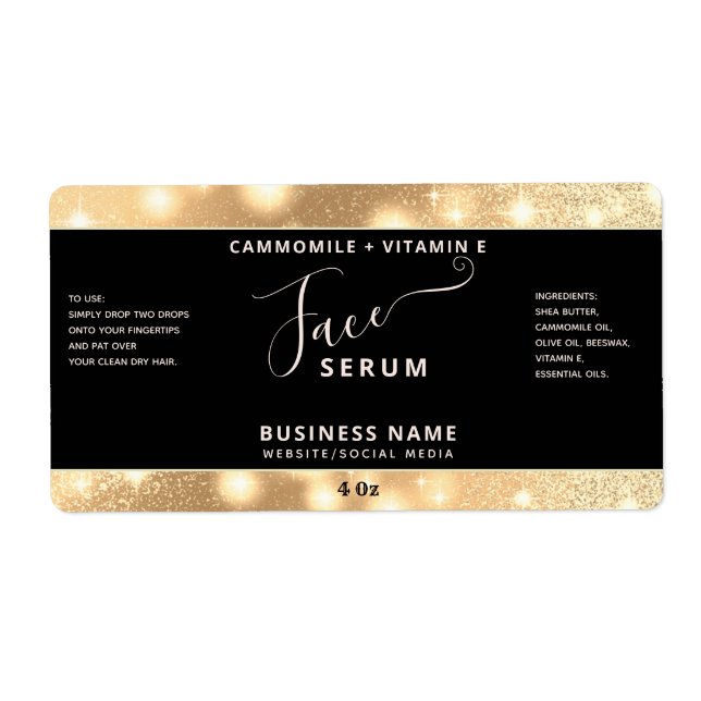 Modern elegant  sparkle script face serum label (Front)