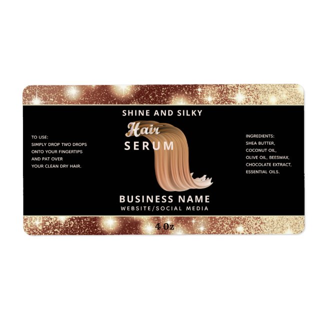 Modern elegant  sparkle script hair serum label (Front)
