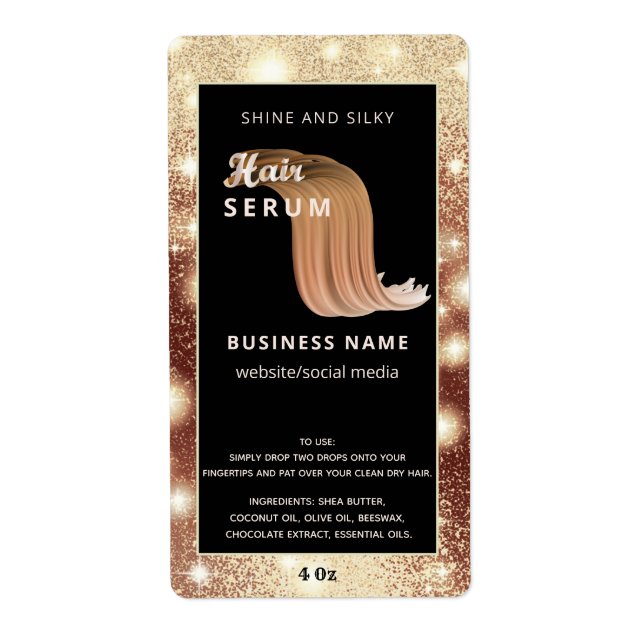 Modern elegant  sparkle script hair serum label (Front)