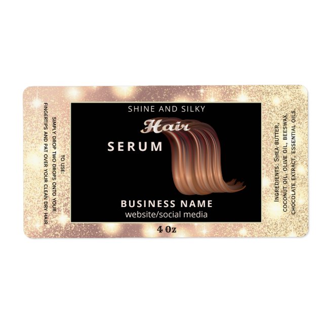 Modern elegant  sparkle script hair serum label (Front)