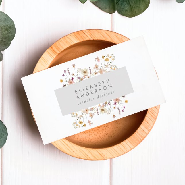 Modern Elegant Spring Wildflowers Floral Grey Business Card (Creator Uploaded)