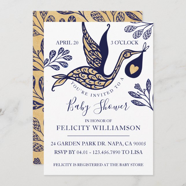 Modern Elegant Stork Baby Boy Shower Invitation (Front/Back)
