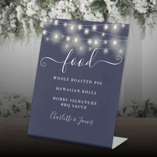 Modern Elegant String Lights Navy Blue Food Menu Pedestal Sign