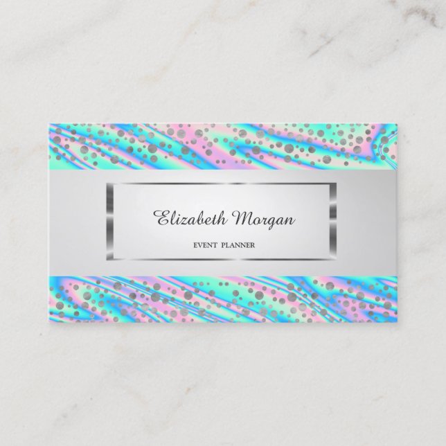 Modern Elegant,Stripe,Silver Confetti,Holographic Business Card (Front)