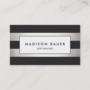 Modern Elegant Striped Black and FAUX Silver Foil Business Card