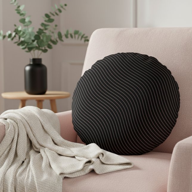 Modern Elegant Striped Black Round Cushion (Creator Uploaded)