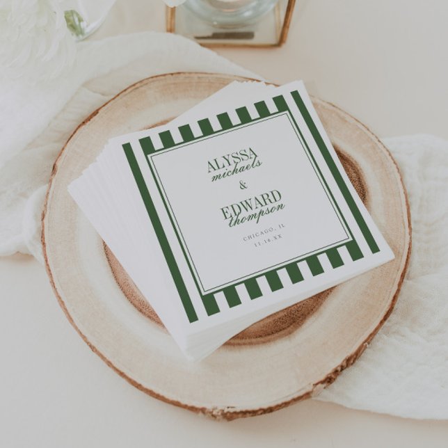 Modern Elegant Striped Olive Green Script Wedding Napkin (Creator Uploaded)