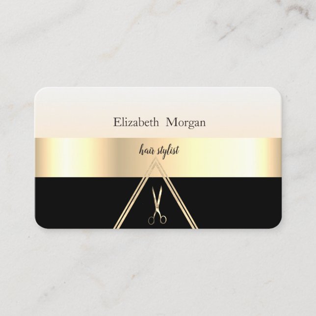 Modern Elegant Striped Stylish Black,Gold,Scissors Business Card (Front)
