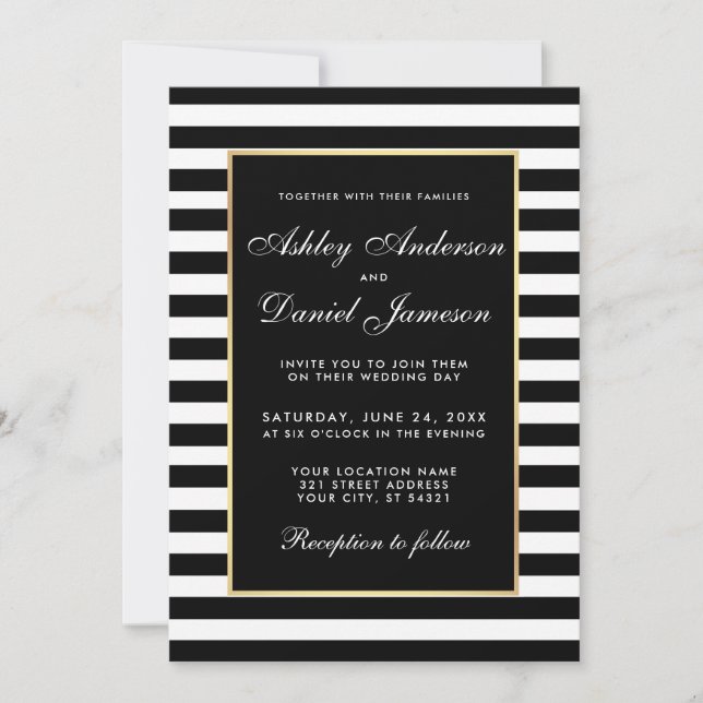Modern Elegant Striped Wedding Invitation BW (Front)