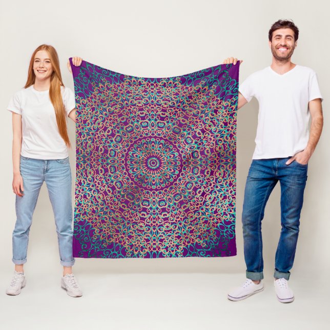  Modern & Elegant Stylish Mandala Boho Dark Purple Fleece Blanket (In Situ)